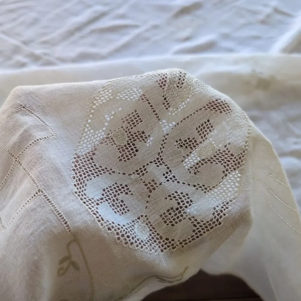 Vintage Handmade Tablecloth Whitework Embroidery & Filet Lace Inserts 50